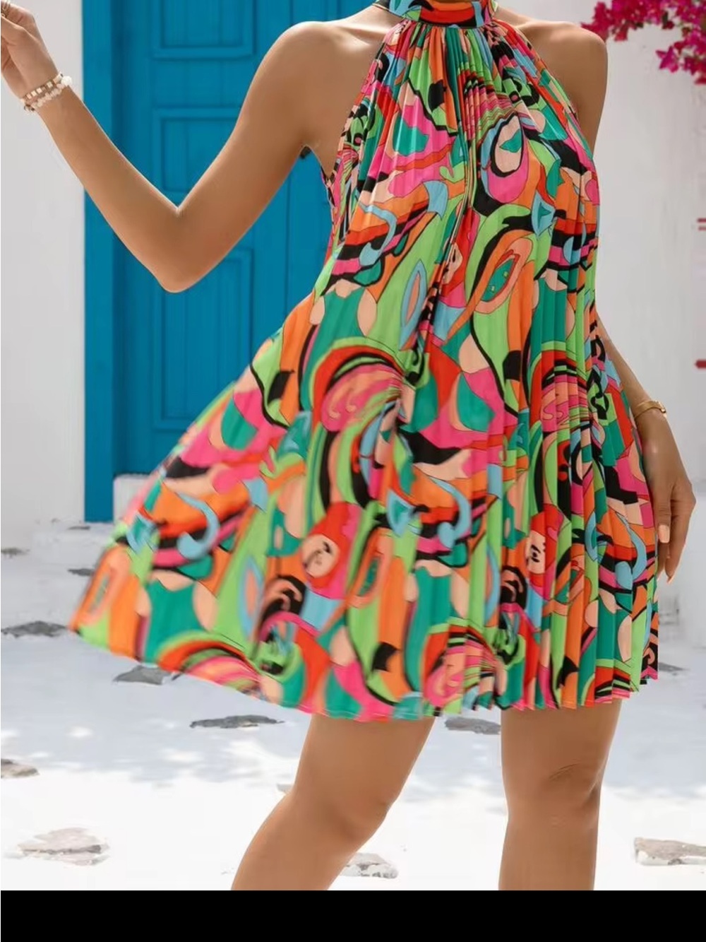 Vibrant Multicolor Pleated Tie Back Halter Mini Dress - Picture 7 of 7